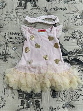 🇨🇦 Kate Mack Baby Dress Gold Hearts and Matching Headband (12M)